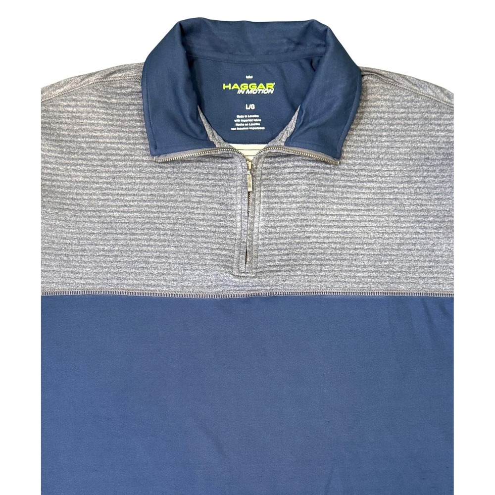 Haggar In Motion Mens Large Quarter Zip Pullover Blue Grey Ribbed Performance L